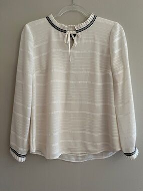 Talbots Ivory Long-Sleeve Tie-Neck Blouse with Navy Trim